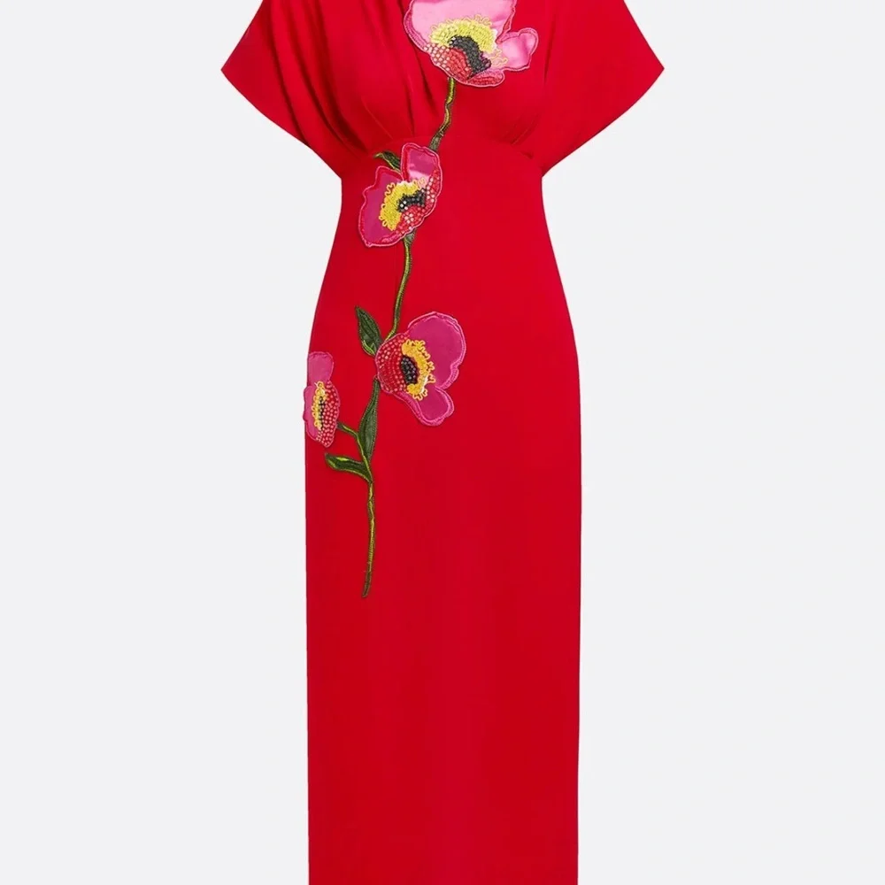 FEHAUTE Red Applique Boat Neck Short Sleeve Backless Sheath Maxi Dress. Size 14 - Picture 3 of 11